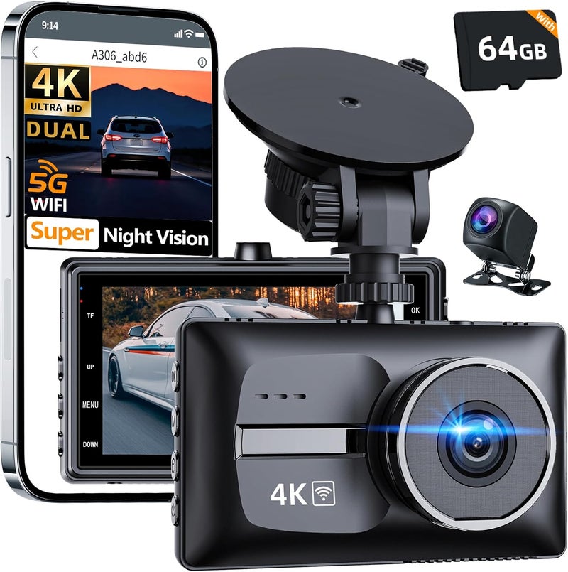 pahaa Dash Cam 4K 2160P Front and Rear, 5G WiFi High Speed Dash Camera for Cars with App, 3.0" IPS Screen,UHD Night Vision 24H Parking Mode, 170° Ultra Wide Angle, WDR, G-Sensor,with a Free 64G SD Card - Image 1
